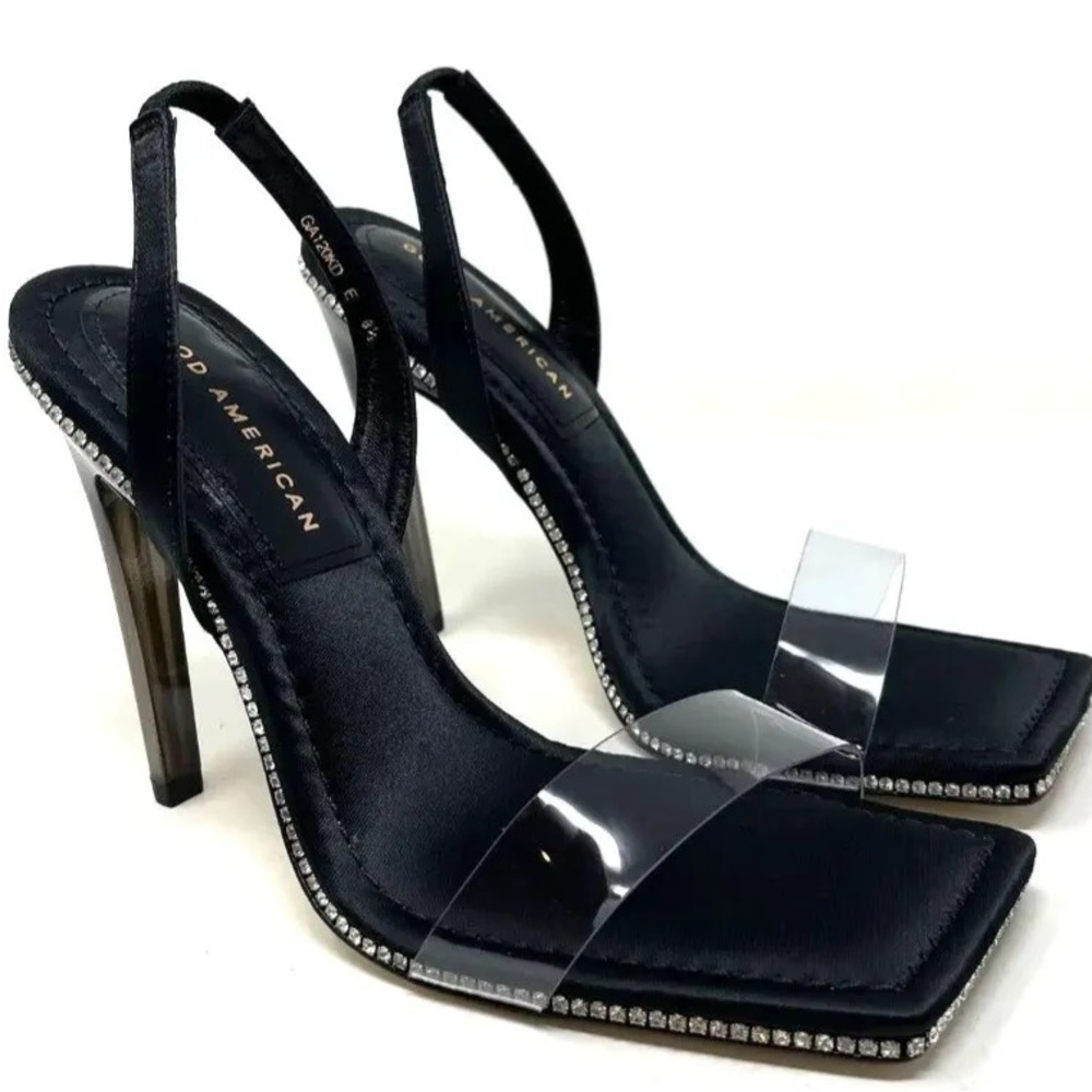 Good American Black Rhinestone strappy sandal with Lucite stiletto heel.